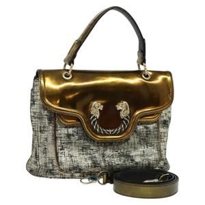 BVLGARI Leoni Hand Bag Leather 2way Gold Auth sw547